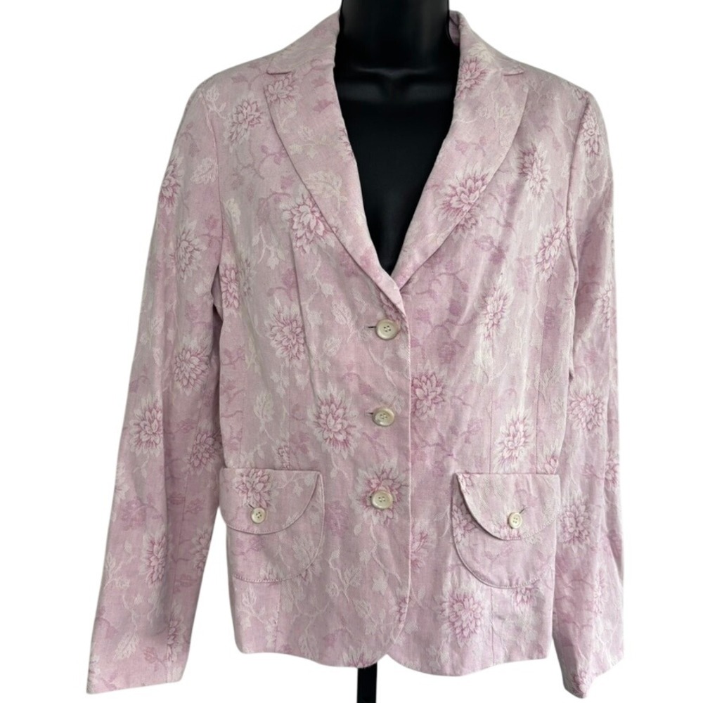 Ann‎ Taylor Linen Blend Blazer Sz 8 Purple Pink Floral Dopamine Dressing Office